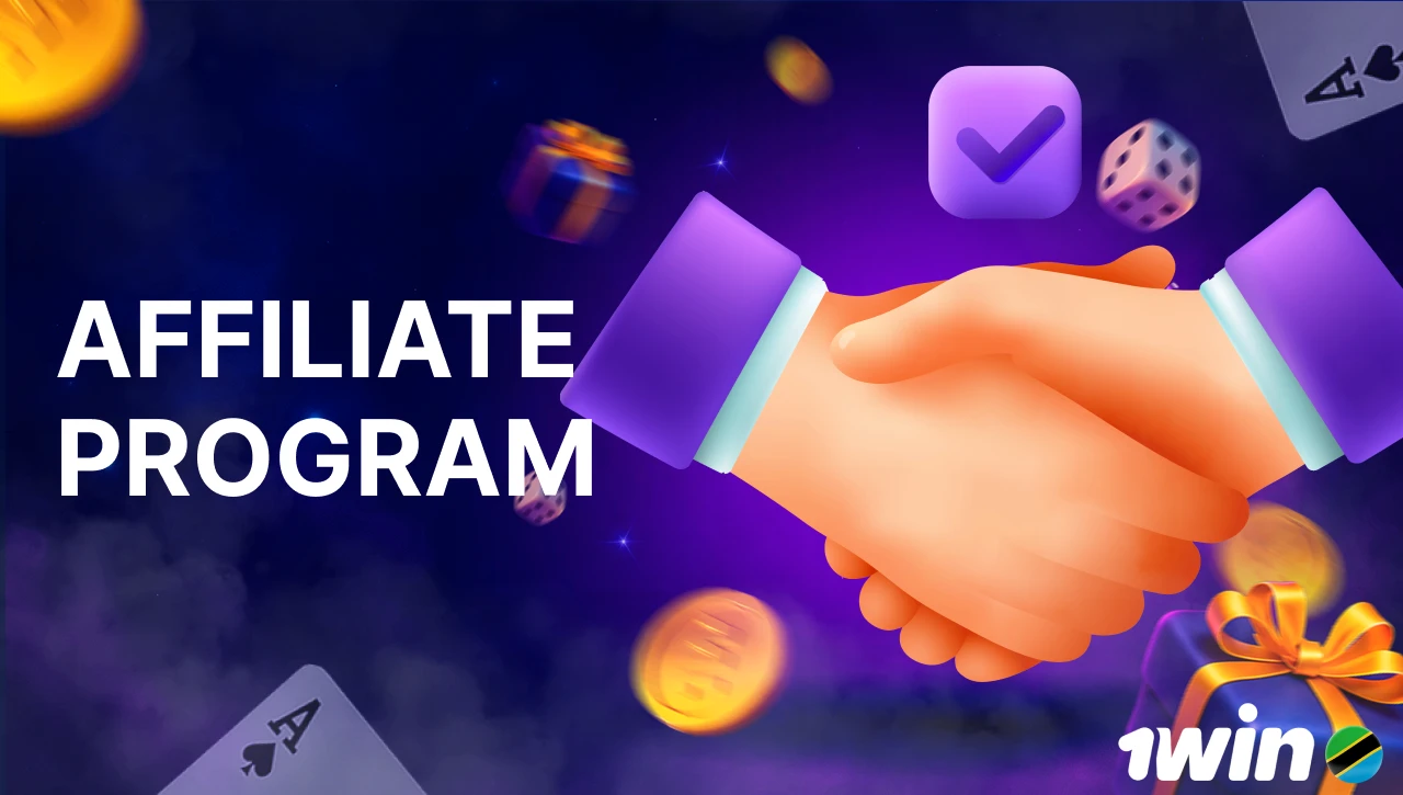 Blue background with pink-purple smoke, text "Affiliate Program" on the left, 3D icon of a handshake on the right, with floating coins, gifts, confetti, dice, and playing cards in motion