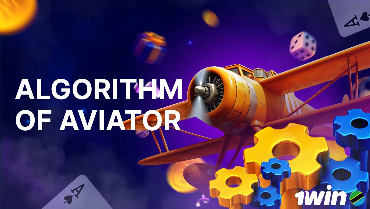 Blue background with pink-purple smoke, text "Algorithm of Aviator" on the left, 3D model of a red Aviator airplane with gears on the right, floating coins, gifts, confetti, dice, and playing cards