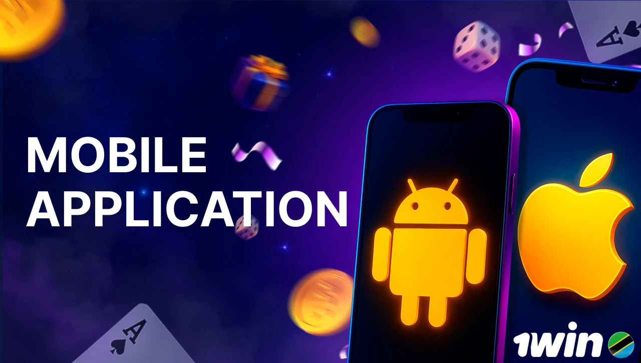 Blue background with pink-purple smoke, text "Mobile Application" on the left, 3D icons of two smartphones with Android and iOS symbols on the screen on the right, with floating coins, gifts, confetti, dice, and playing cards