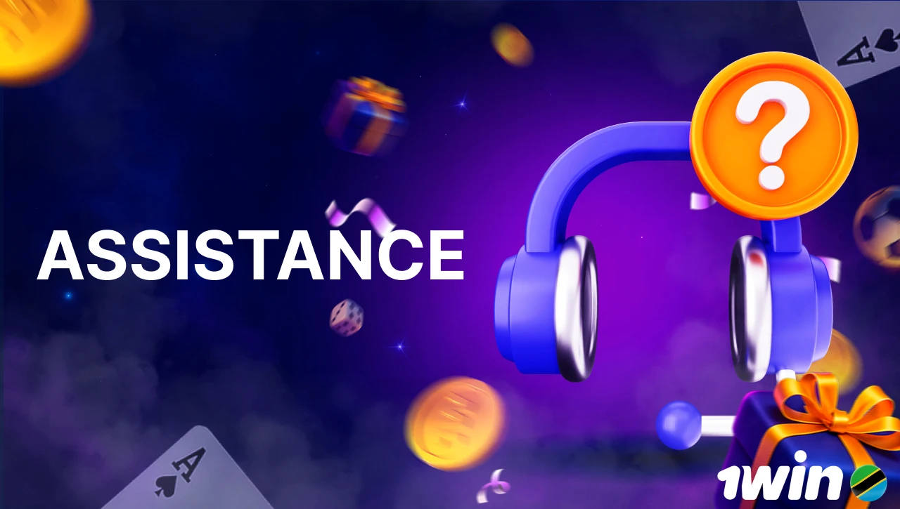 Blue background with pink-purple smoke, text "Assistance" on the left, 3D icon of headphones with a question mark on the right, floating coins, gifts, confetti, dice, and playing cards
