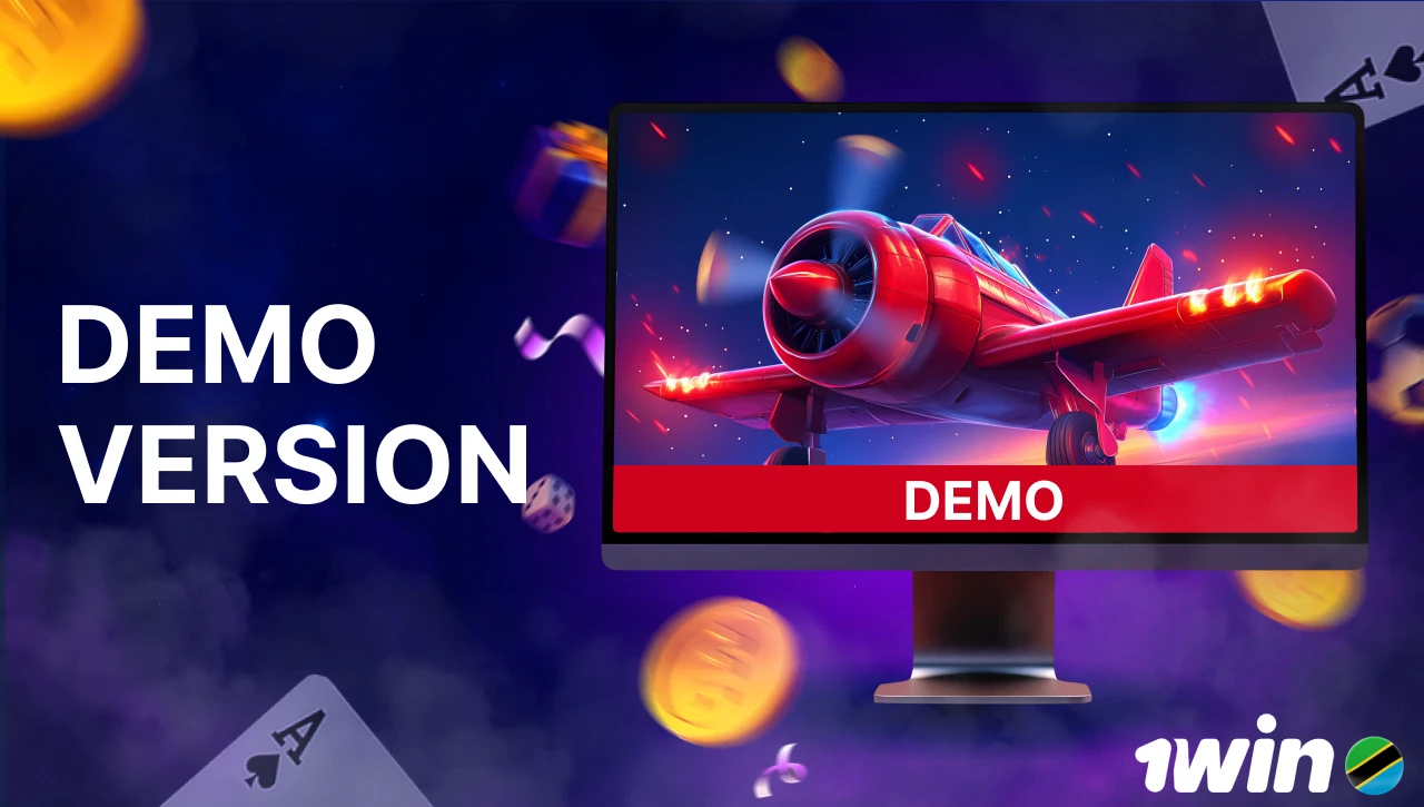 Blue background with pink-purple smoke, text "Demo Version" on the left, PC screen on the right showing a red Aviator airplane and the word "demo" at the bottom, with floating coins, gifts, confetti, dice, and playing cards