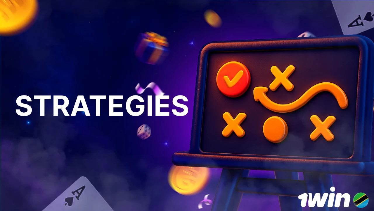 Blue background with pink-purple smoke, text "Strategies" on the left, 3D icon of a strategy board on the right, with floating coins, gifts, confetti, dice, and playing cards
