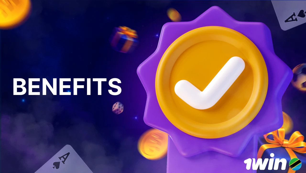 Blue background with pink-purple smoke, text "Benefits" on the left, 3D icon of a checkmark badge on the right, floating coins, gifts, confetti, dice, and playing cards in motion