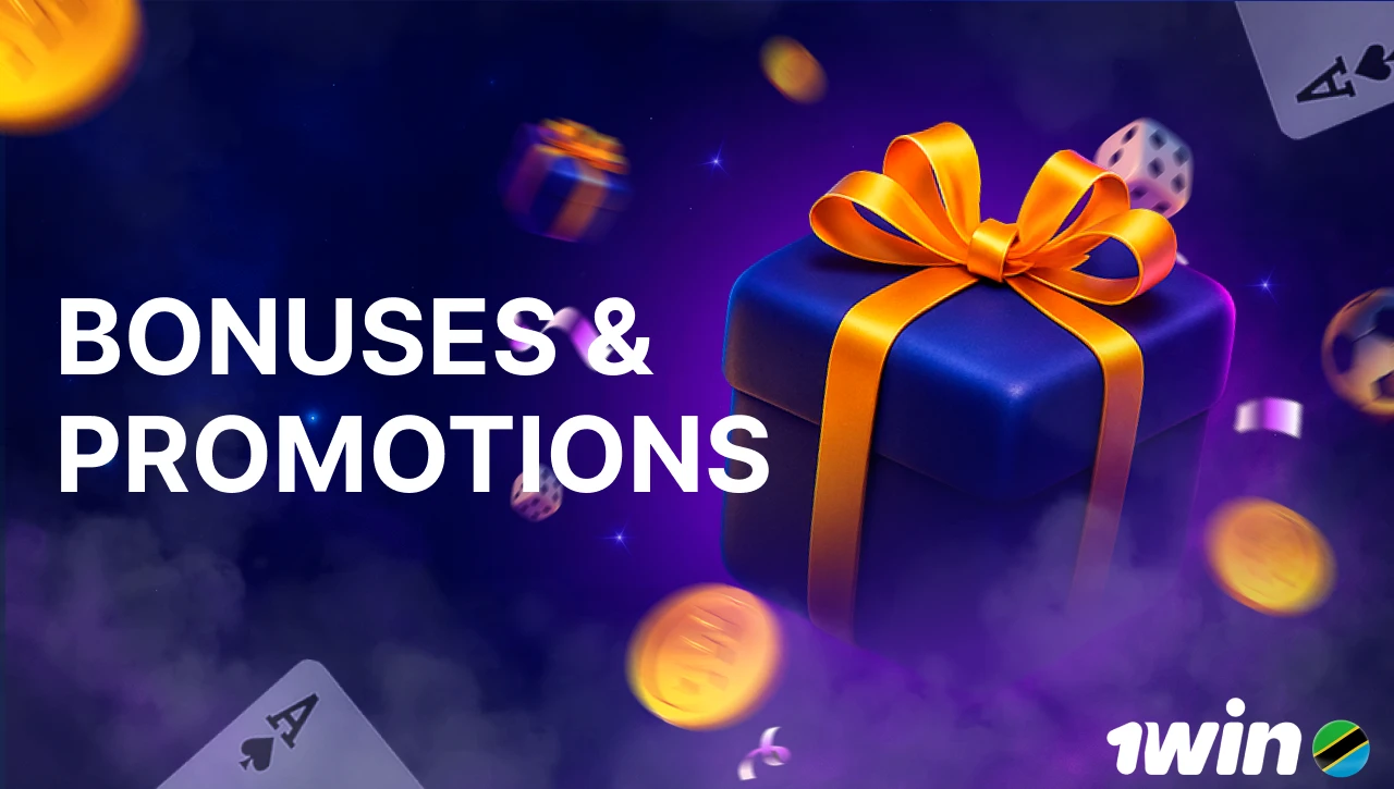 Blue background with pink-purple smoke, text "Bonuses and Promotions" on the left, 3D icon of a gift box on the right, with floating coins, gifts, confetti, dice, and playing cards