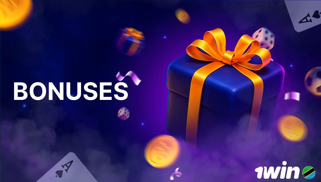 Blue background with pink-purple smoke, text "Bonuses" on the left, 3D icon of a gift on the right, with floating coins, gifts, confetti, dice, and playing cards in motion.