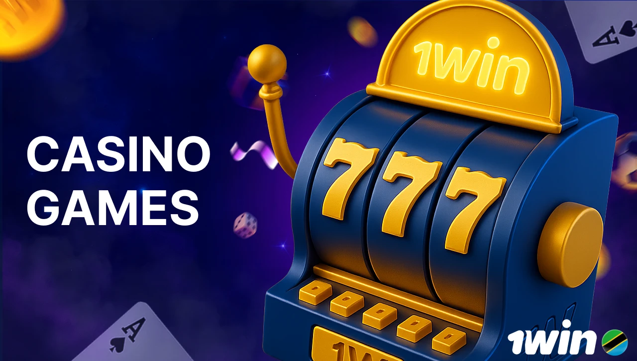 Blue background with pink-purple smoke, text "Casino Games" on the left, 3D icon of slot machines on the right, with dynamic elements like coins, gifts, confetti, dice, and playing cards