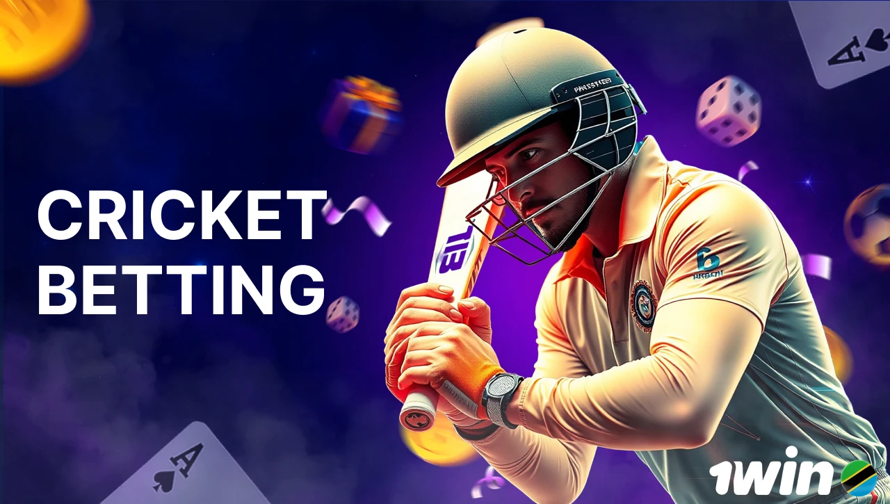 Blue background with pink-purple smoke, text "Cricket Betting" on the left, 3D icon of a man playing cricket on the right, with floating coins, gifts, confetti, dice, and playing cards in motion