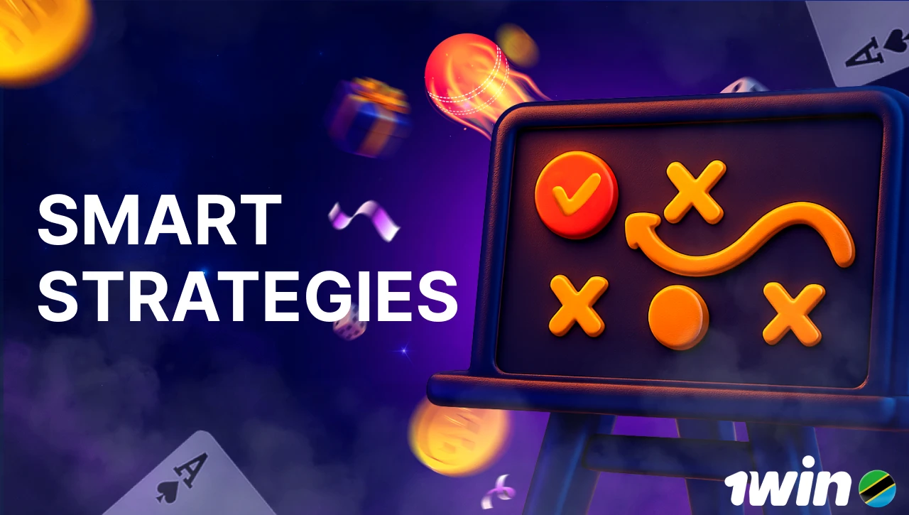 Blue background with pink-purple smoke, text "Smart Strategies" on the left, 3D icon of a strategy board on the right, with floating coins, gifts, confetti, dice, and playing cards in motion
