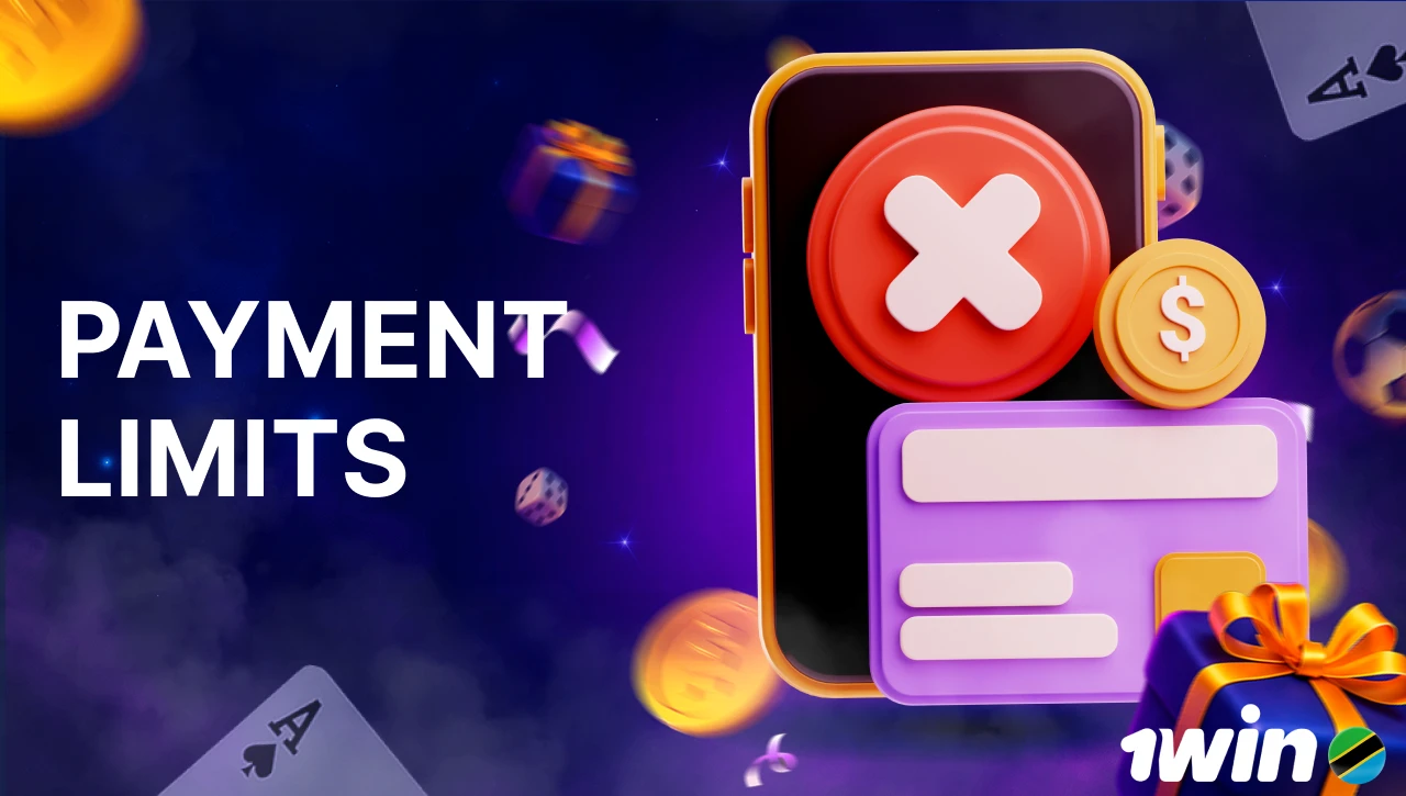 Blue background with pink-purple smoke, text "Payment Limits" on the left, 3D icons of a smartphone with a red cross on the screen and a credit card on the right, dynamic elements like coins, gifts, confetti, dice, and playing cards