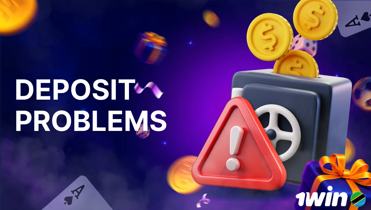 Blue background with pink-purple smoke, text "Deposit Problems" on the left, 3D icon of a safe with coins and a triangular warning sign with an exclamation mark on the right, floating coins, gifts, confetti, dice, and playing cards
