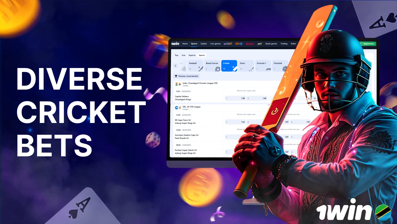Blue background with pink-purple smoke, text "Diverse Cricket Bets" on the left, 3D icon of a PC displaying the cricket betting section on the official website, and a man holding a cricket bat on the right, dynamic elements like coins, gifts, and confetti in motion