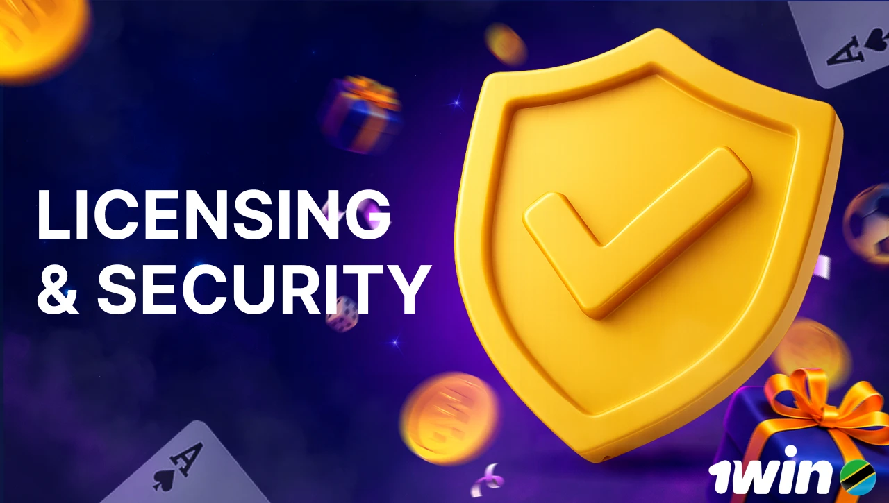 Blue background with pink-purple smoke, text "Licensing and Security" on the left, 3D icon of a shield with a checkmark on the right, floating coins, gifts, confetti, dice, and playing cards