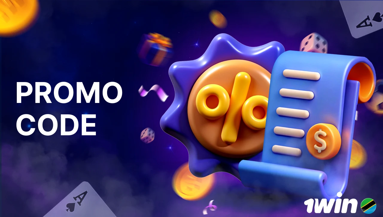 Blue background with pink-purple smoke effect, text "Promo Codes" on the left, 3D icons of discount sign (%) and a checklist on the right, dynamic motion elements with coins, gifts, and confetti