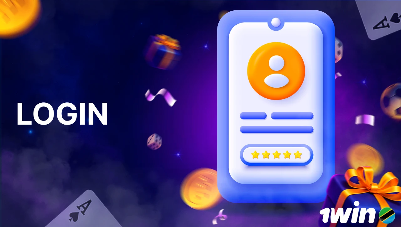 Blue background with pink-purple smoke, text "Login" on the left, 3D icon of a smartphone with profile login on the right, floating coins, gifts, confetti, dice, and playing cards in motion