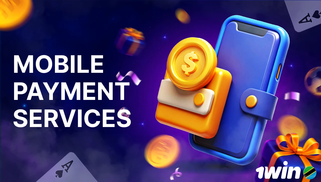 Blue background with pink-purple smoke, text "Mobile Payment Services" on the left, 3D icon of a blue smartphone with a yellow wallet on the right, floating coins, gifts, confetti, dice, and playing cards in motion