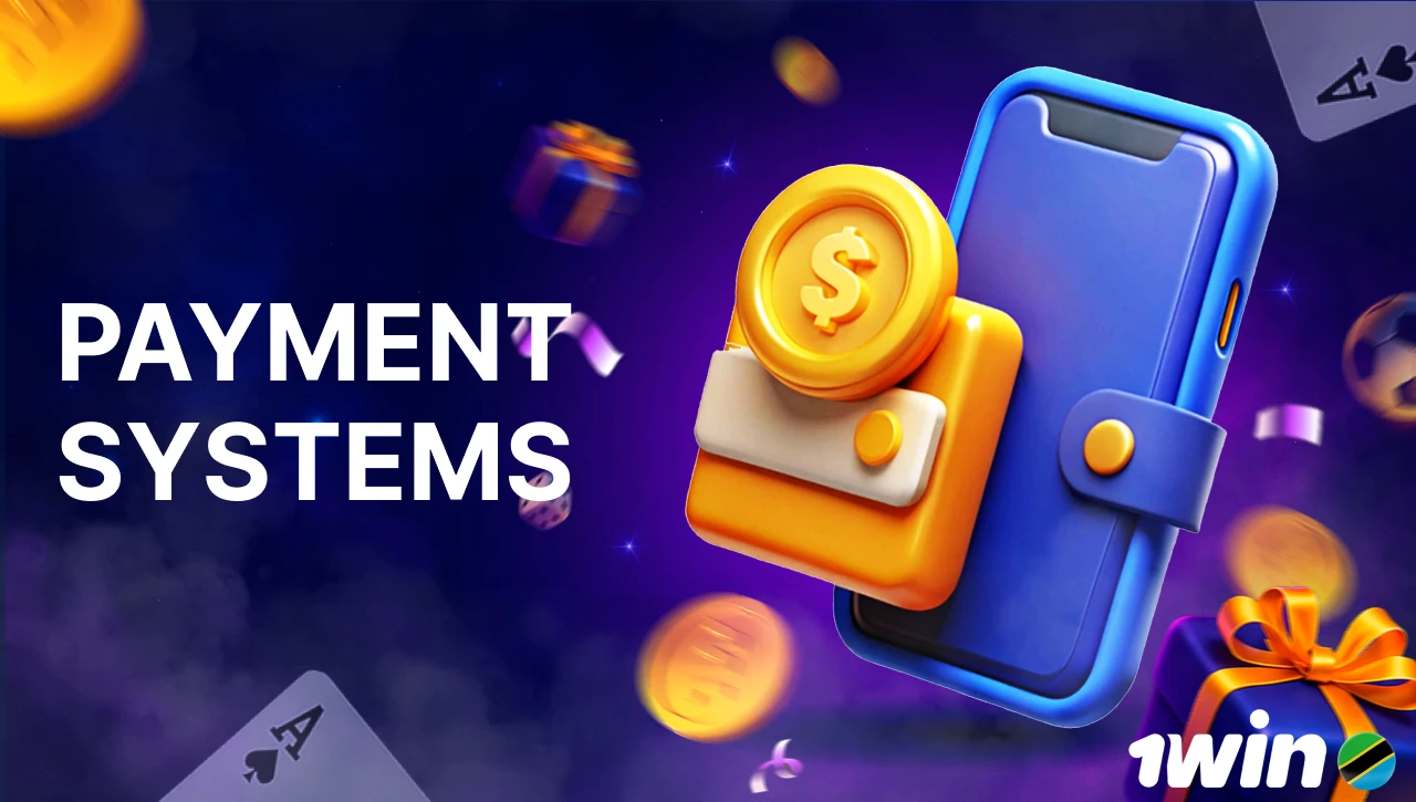 Blue background with pink-purple smoke, text "Payment Systems" on the left, 3D icon of a smartphone and a wallet with a coin on the right, floating coins, gifts, confetti, dice, and playing cards in motion