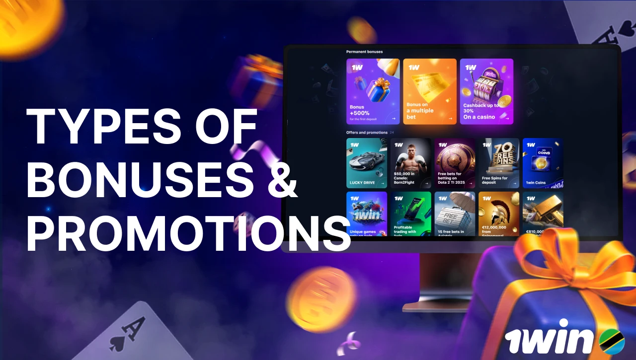 Blue background with pink-purple smoke, text "Types of Bonuses and Promotions" on the left, 3D icon of a computer screen showing 1win Tanzania bonuses on the right, scattered coins, gifts, and playing cards in motion.