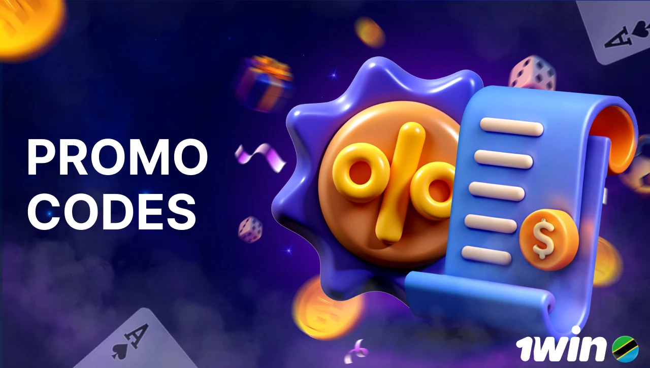 Blue background with pink-purple smoke effect, text "Promo Codes" on the left, 3D icons of discount sign (%) and a checklist on the right, dynamic motion elements with coins, gifts, and confetti