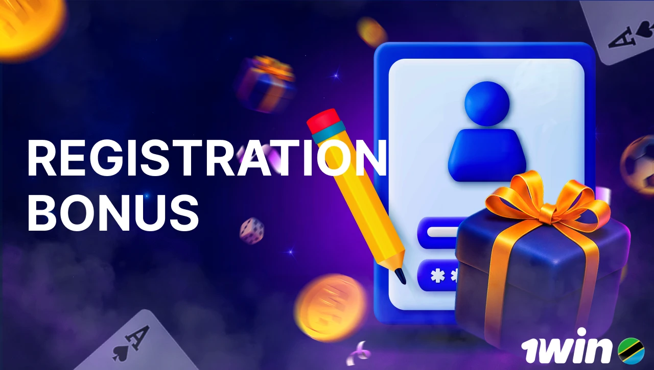 Blue background with pink-purple smoke, text "Registration Bonus" on the left, 3D icon of a form, yellow pencil, and gift box on the right, with floating coins, gifts, confetti, dice, and playing cards