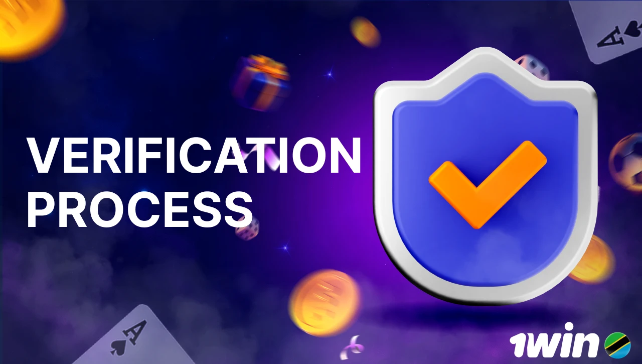 Blue background with pink-purple smoke, text "Verification Process" on the left, 3D icon of a shield with a yellow checkmark on the right, floating coins, gifts, confetti, dice, and playing cards in motion.