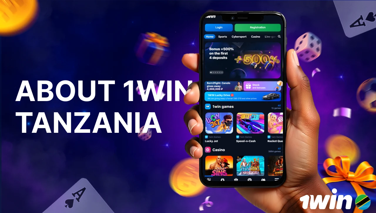 Blue background with pink-purple smoke, text "About 1Win Tanzania" on the left, 3D icon of a hand holding a smartphone displaying the official 1Win website on the right, with floating coins, gifts, confetti, dice, and playing cards in motion
