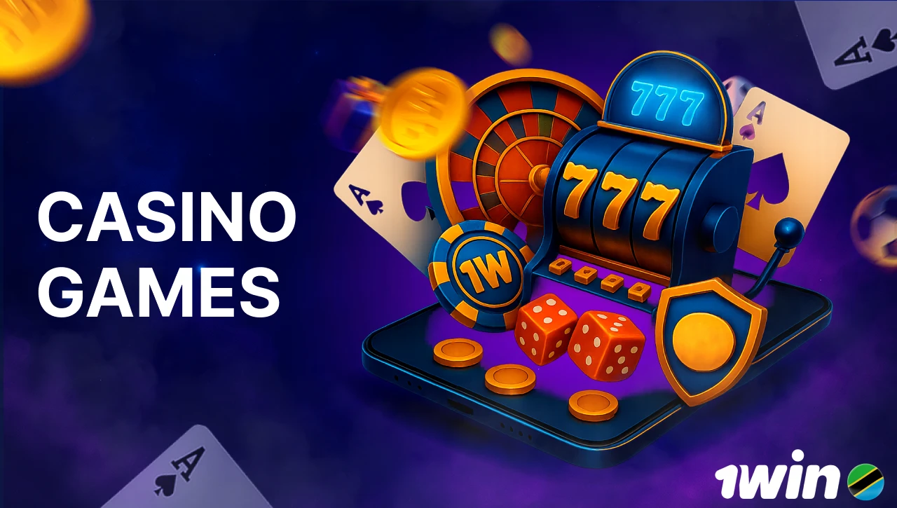 Blue background with pink-purple smoke, text "Casino Games" on the left, 3D icon of a smartphone with casino items like chips, dice, slots, and roulette on the right, scattered coins, gifts, and playing cards