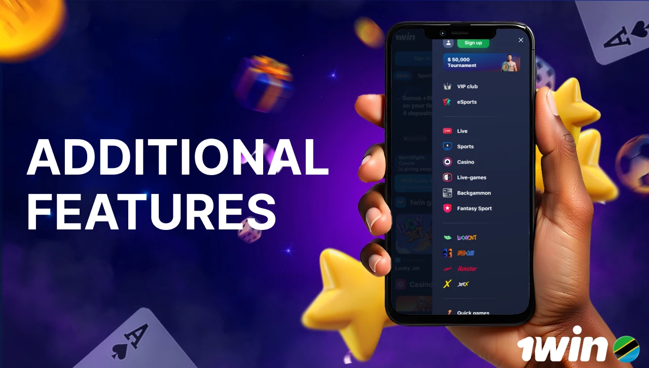 Blue background with pink-purple smoke, text "Additional Features" on the left, 3D icon of a hand holding a smartphone displaying the official 1win Tanzania menu on the right, floating coins, gifts, and confetti.