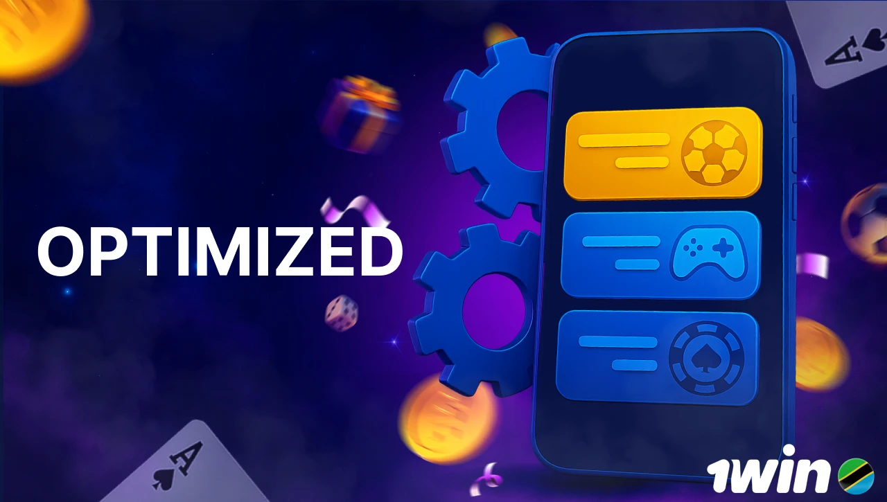 Blue background with pink-purple smoke, text "Optimized" on the left, 3D icon of a smartphone with gears on the right, motion blur of coins, gifts, dice, and playing cards in the background