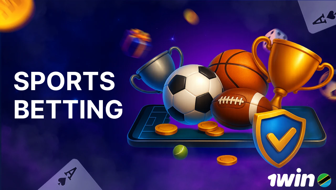 Blue background with pink-purple smoke, text "Sports Betting" on the left, 3D icon of a smartphone with sports items like trophies, balls, and coins on the right, dynamic elements with confetti and dice