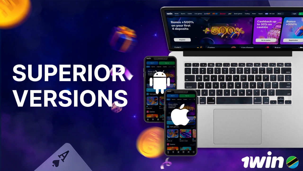 Blue background with pink-purple smoke, text "Superior Versions" on the left, 3D icons of three devices showing the official 1win Tanzania website on the right, with iOS and Android symbols, floating coins, gifts, confetti, dice, and playing cards in motion.