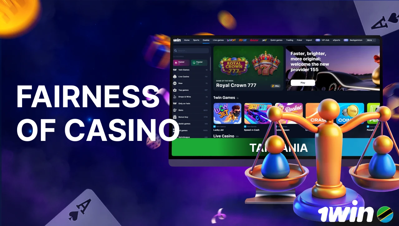 Blue background with pink-purple smoke, text "Fairness of Casino" on the left, PC screen on the right showing the official 1Win website and a 3D icon of scales with little humanoid figures on the scales, floating coins, gifts, confetti, dice, and playing cards