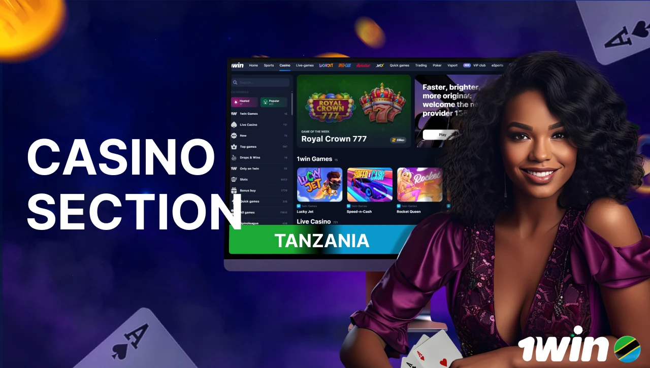 Blue background with pink-purple smoke, text "Casino Section" on the left, PC screen on the right showing the official 1Win website with the casino tab open, featuring a  woman in a purple dress, floating coins, gifts, confetti, dice, and playing cards.
