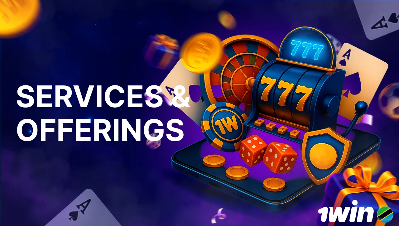 Blue background with pink-purple smoke, text "Services and Offerings" on the left, 3D icon of a smartphone with casino items on top, including slots, dice, roulette, and chips on the right, floating coins, gifts, confetti, dice, and playing cards