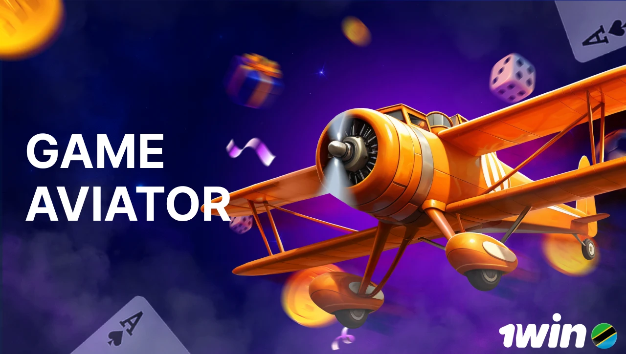 Blue background with pink-purple smoke, text "Game Aviator" on the left, 3D model of a red Aviator airplane on the right, with floating coins, gifts, confetti, dice, and playing cards in motion