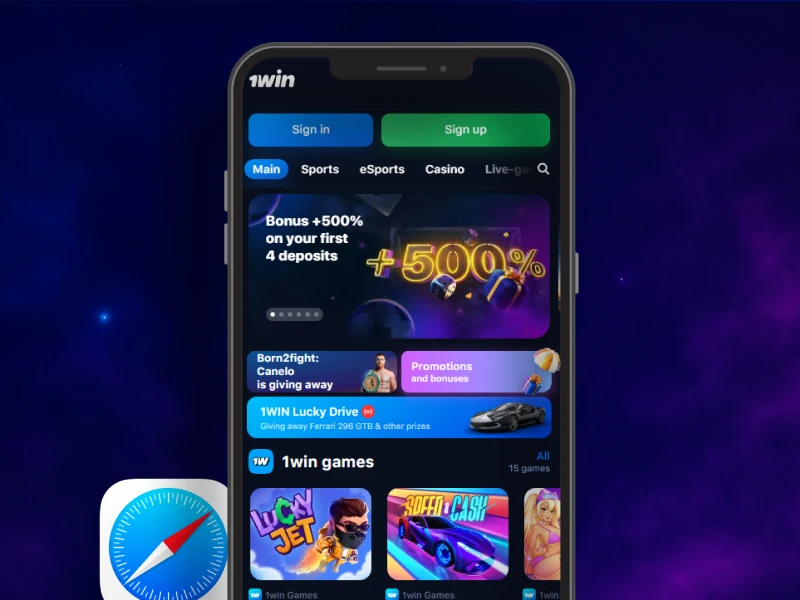 Blue background with smoke effect, smartphone in the center displaying the official 1Win website on Safari