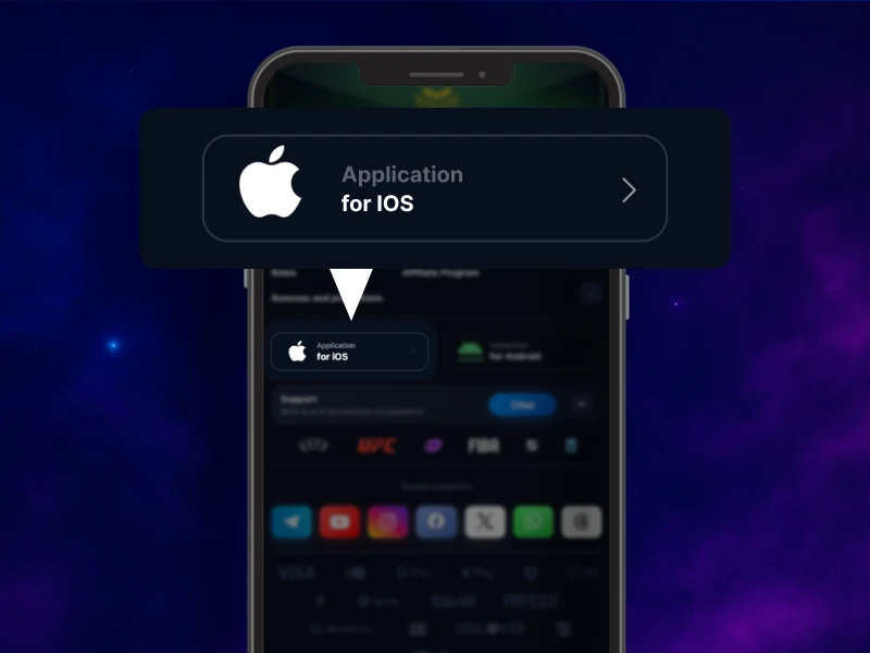 Blue smoky background, smartphone in the center showing the 1Win website with the iOS download icon highlighted.