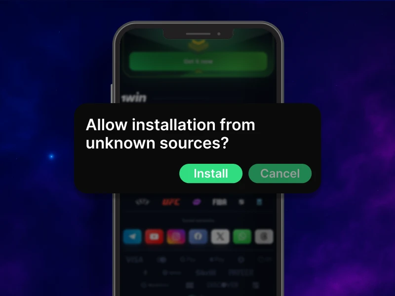 Blue smoky background, smartphone in the center displaying the 1Win download prompt on the official website