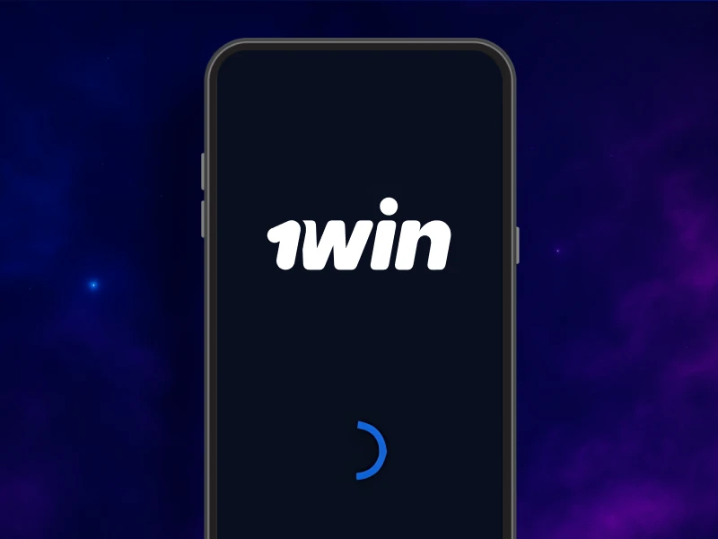 Blue smoky background, smartphone in the center showing the final installation screen of the 1Win app.