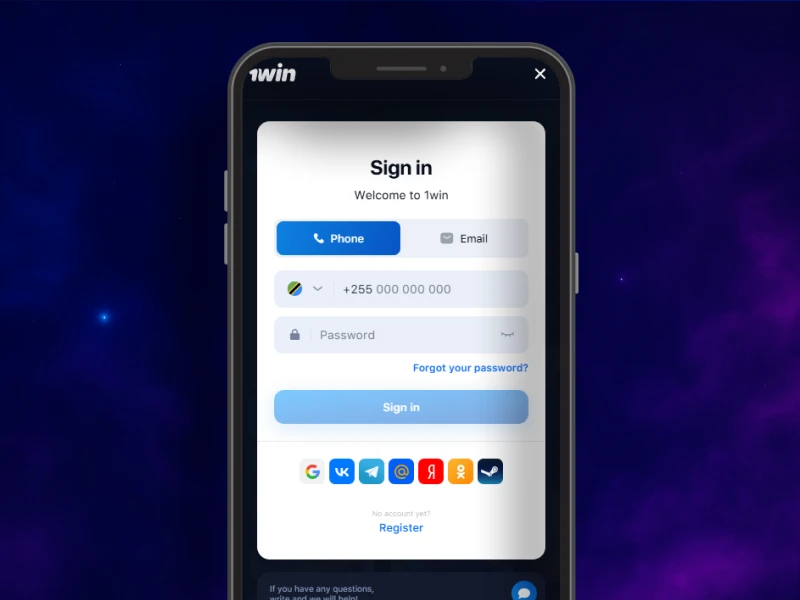 Blue smoky background, smartphone in the center displaying the 1Win app home screen, ready for login or account creation