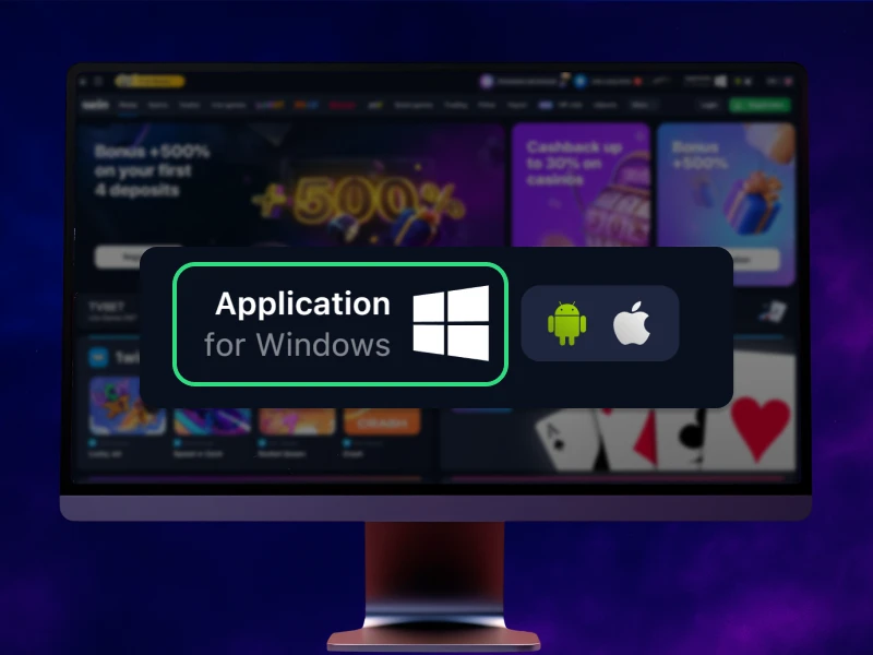 Blue smoky background, PC in the center highlighting the Windows download icon on the 1Win website