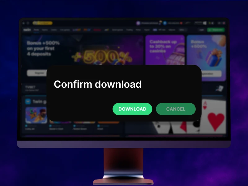 Blue smoky background, PC in the center showing the browser prompt to confirm 1Win app download
