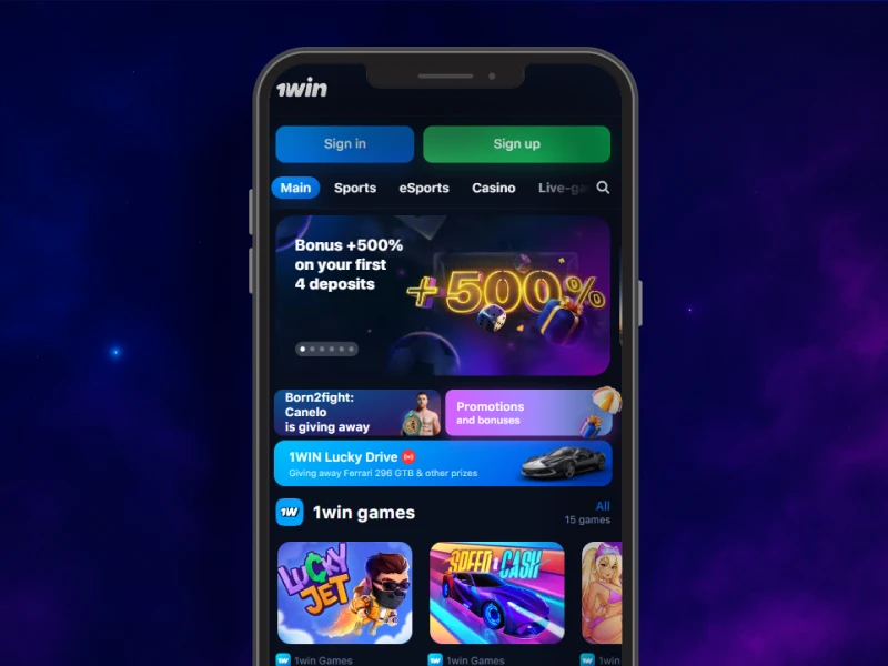 Blue smoky background, smartphone in the center displaying the official 1Win website