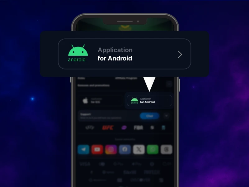 Blue smoky background, smartphone in the center showing the 1Win website with the Android download icon highlighted