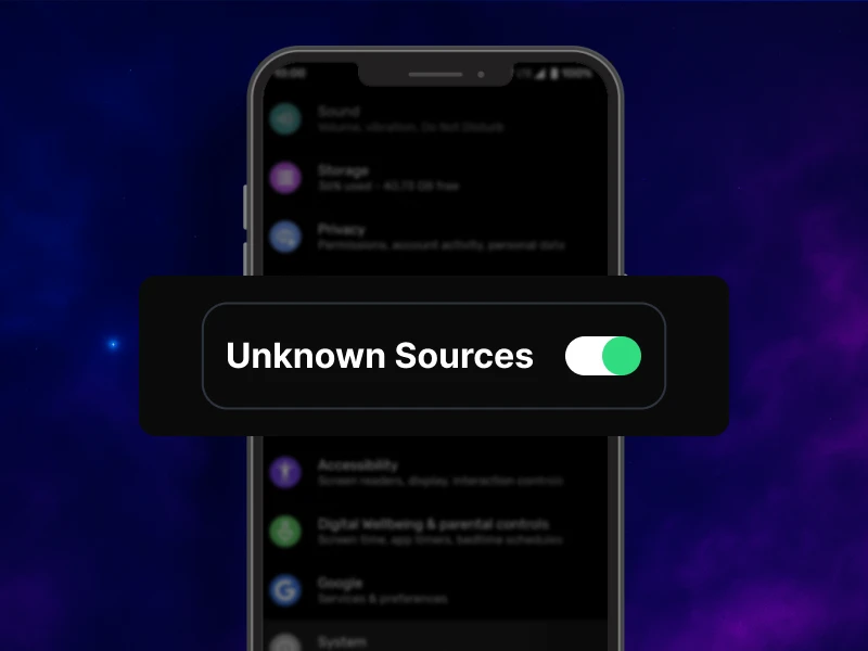 Blue smoky background, smartphone in the center displaying device settings with "Unknown Sources" enabled for 1Win app installation