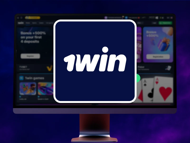 Blue smoky background, PC in the center showing the installed 1Win shortcut on the desktop ready to launch