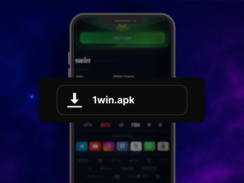 Blue smoky background, smartphone in the center downloading the 1Win APK file from the official website