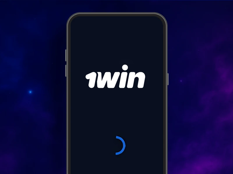 Blue smoky background, smartphone in the center showing the APK installation process of the 1Win app