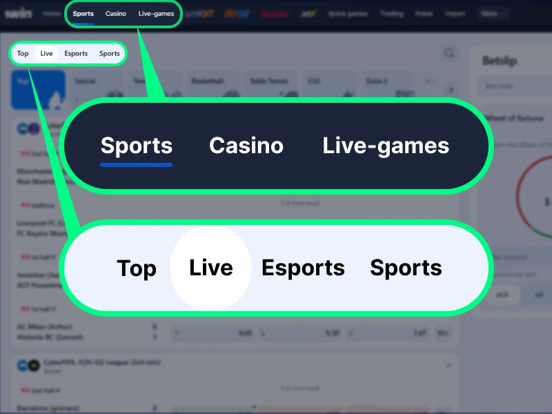 Screenshot of the 1Win Tanzania platform showing sports and casino sections, with the desired market highlighted.