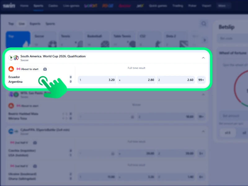Screenshot of the 1Win platform displaying a list of available matches, games, or events to select for betting