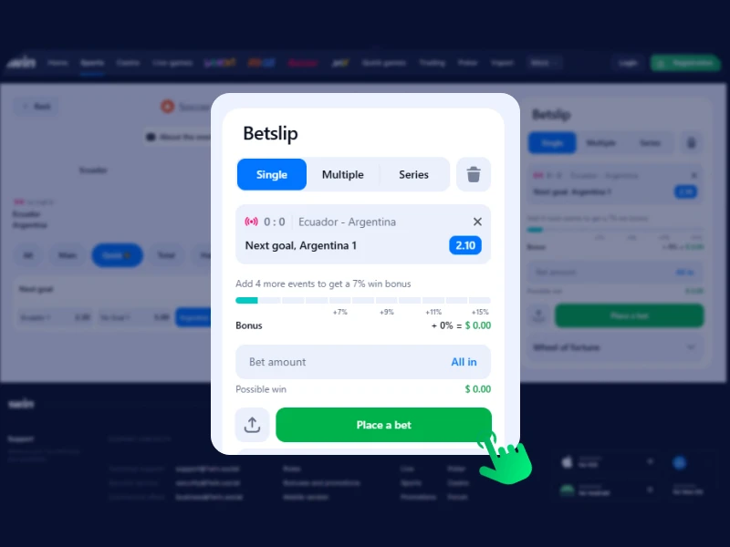 Screenshot of the 1Win betting page displaying the completed bet slip ready for confirmation